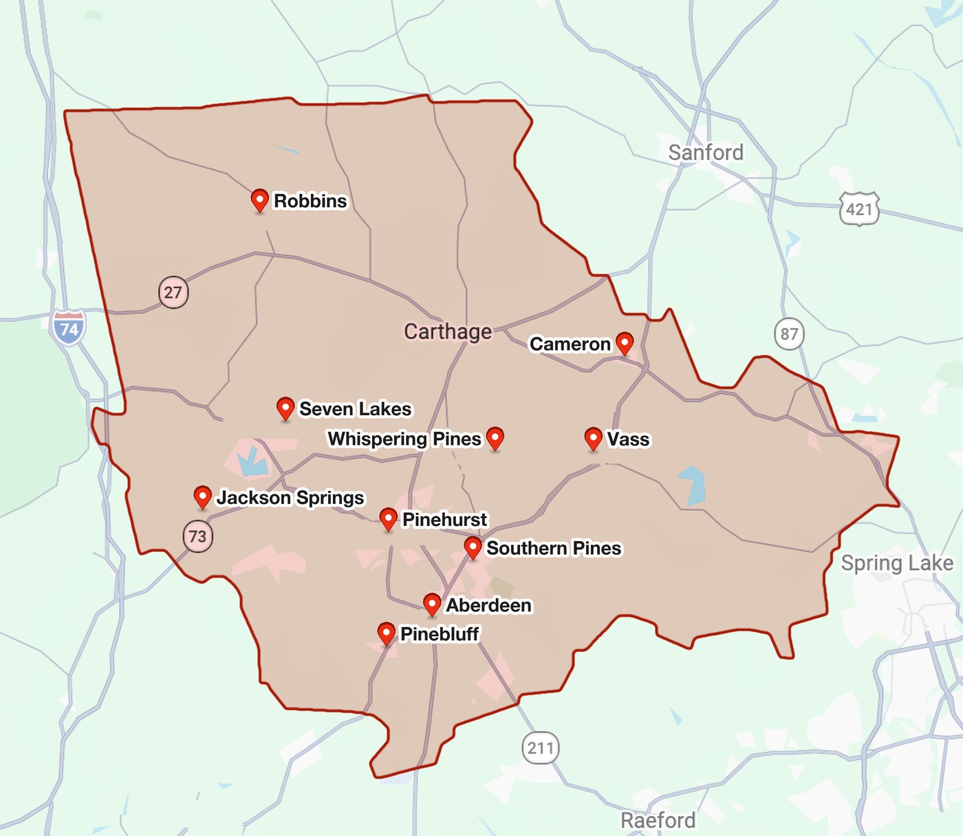 Scott Septic Service area map of Moore County, NC: Robbins, Carthage, Cameron, Seven Lakes, Whispering Pines, Vass, Jackson Springs, Pinehurst, Southern Pines, Aberdeen and Pinebluff